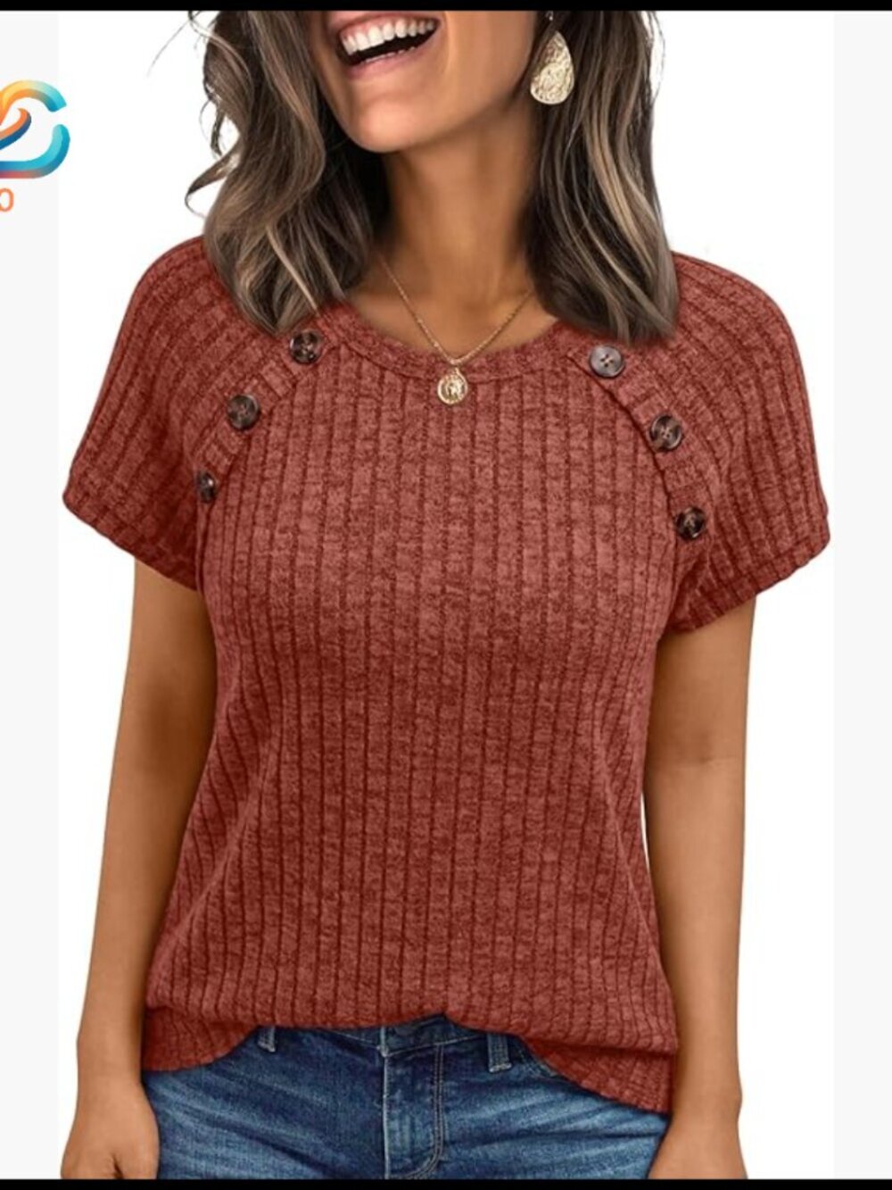 Soft Ribbed Knit Blouse with Decorative Buttons Short Sleeve Tunic Top